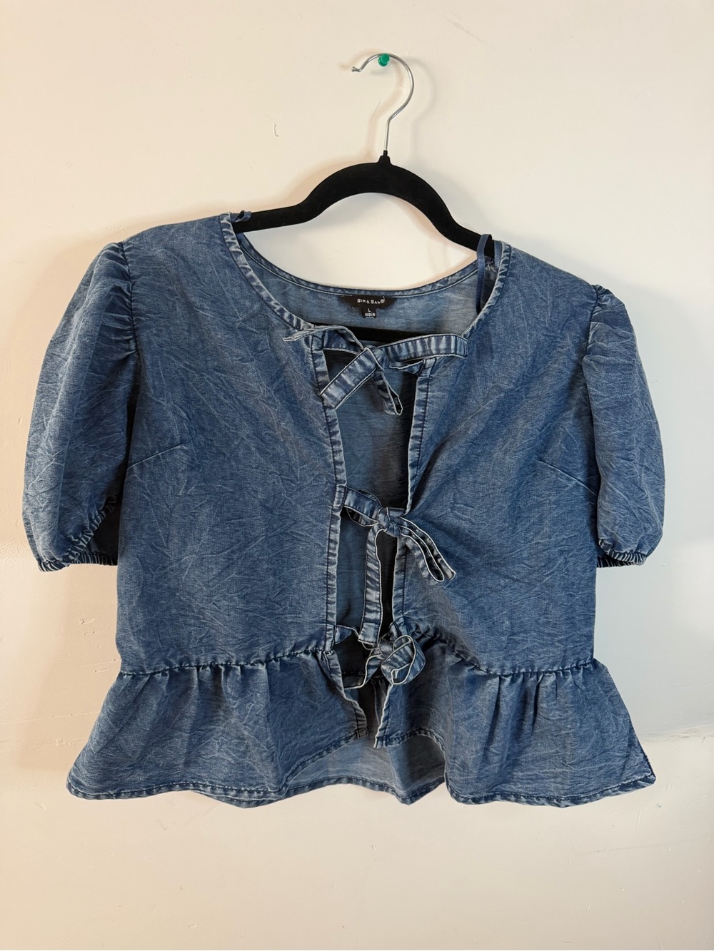 Denim Tie-Front Peplum Top - Blue